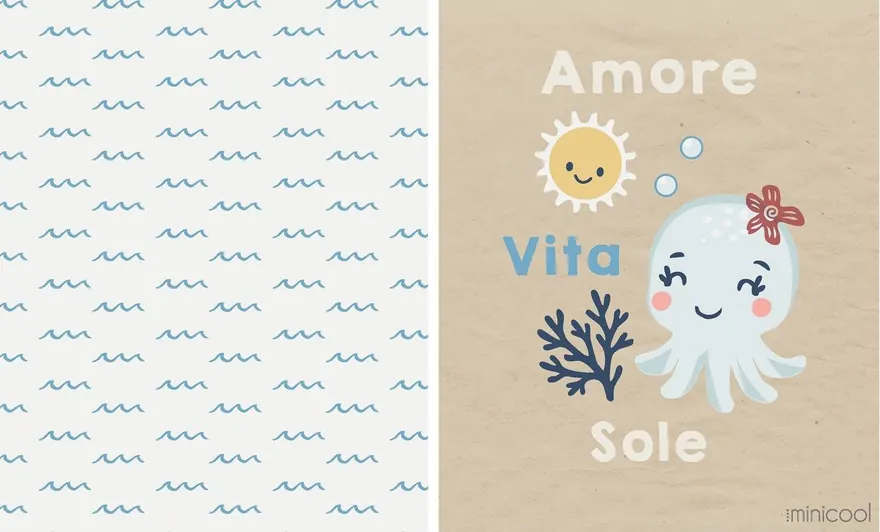 Blue wave print beside a panel with an octopus and the words ‘Amore Vita Sole’