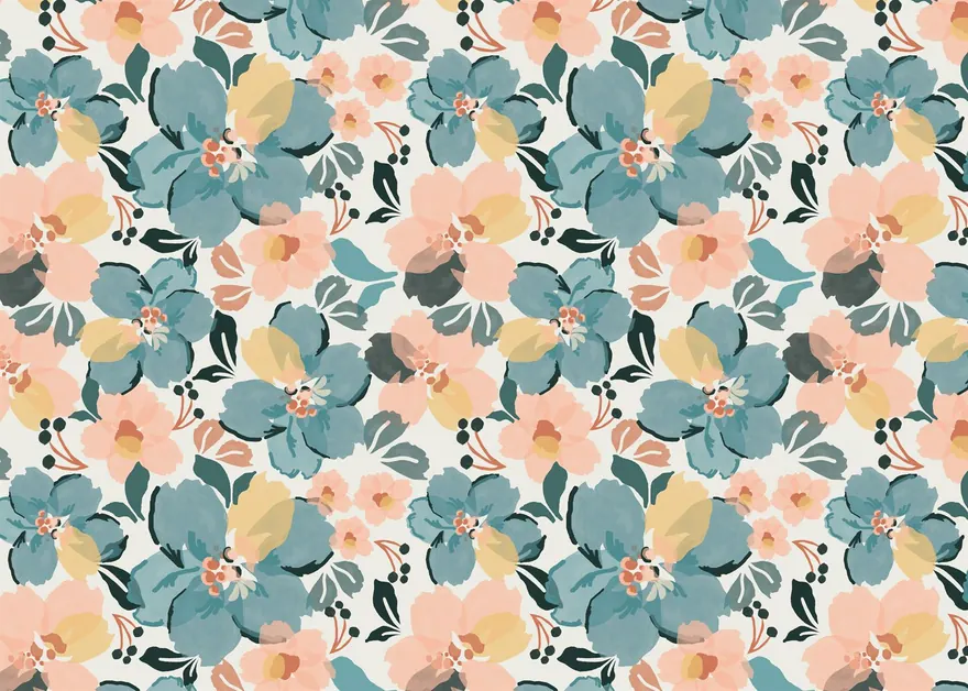 Dense floral print in teal, peach and mustard