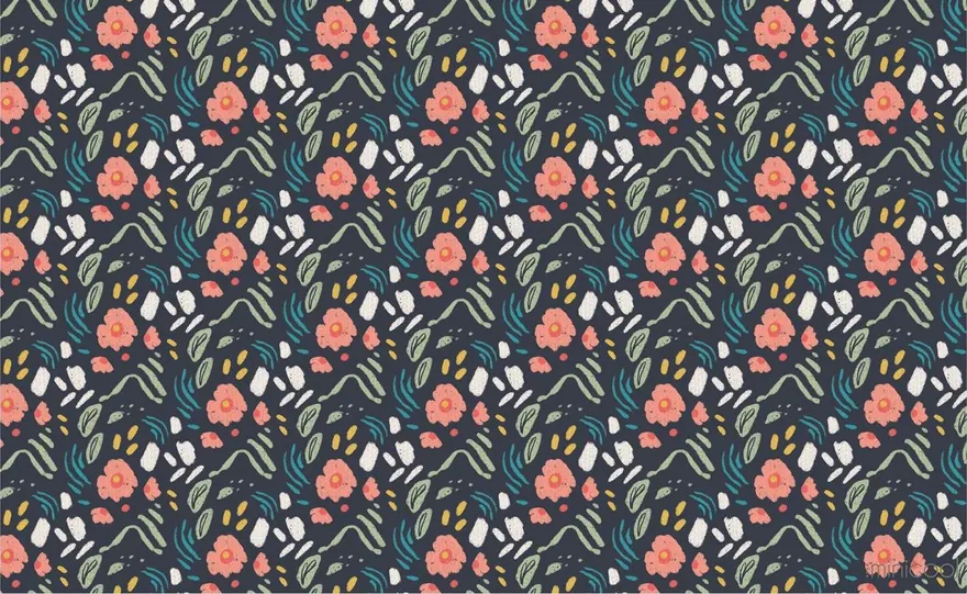 Floral print in coral, green and cream on a midnight blue background